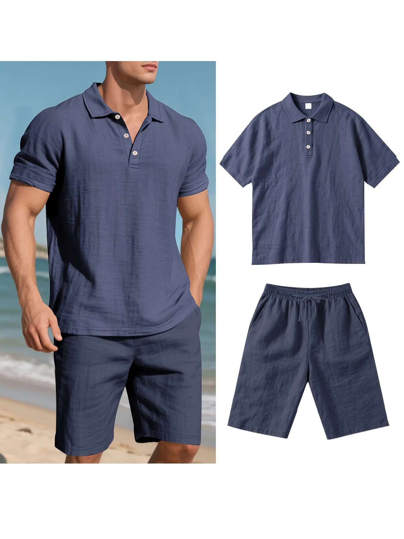 Cool Summer Men's Linen Shirt & Shorts Set Comfortable Casual Outing Simple Beach Vacation Style Solid Color Linen