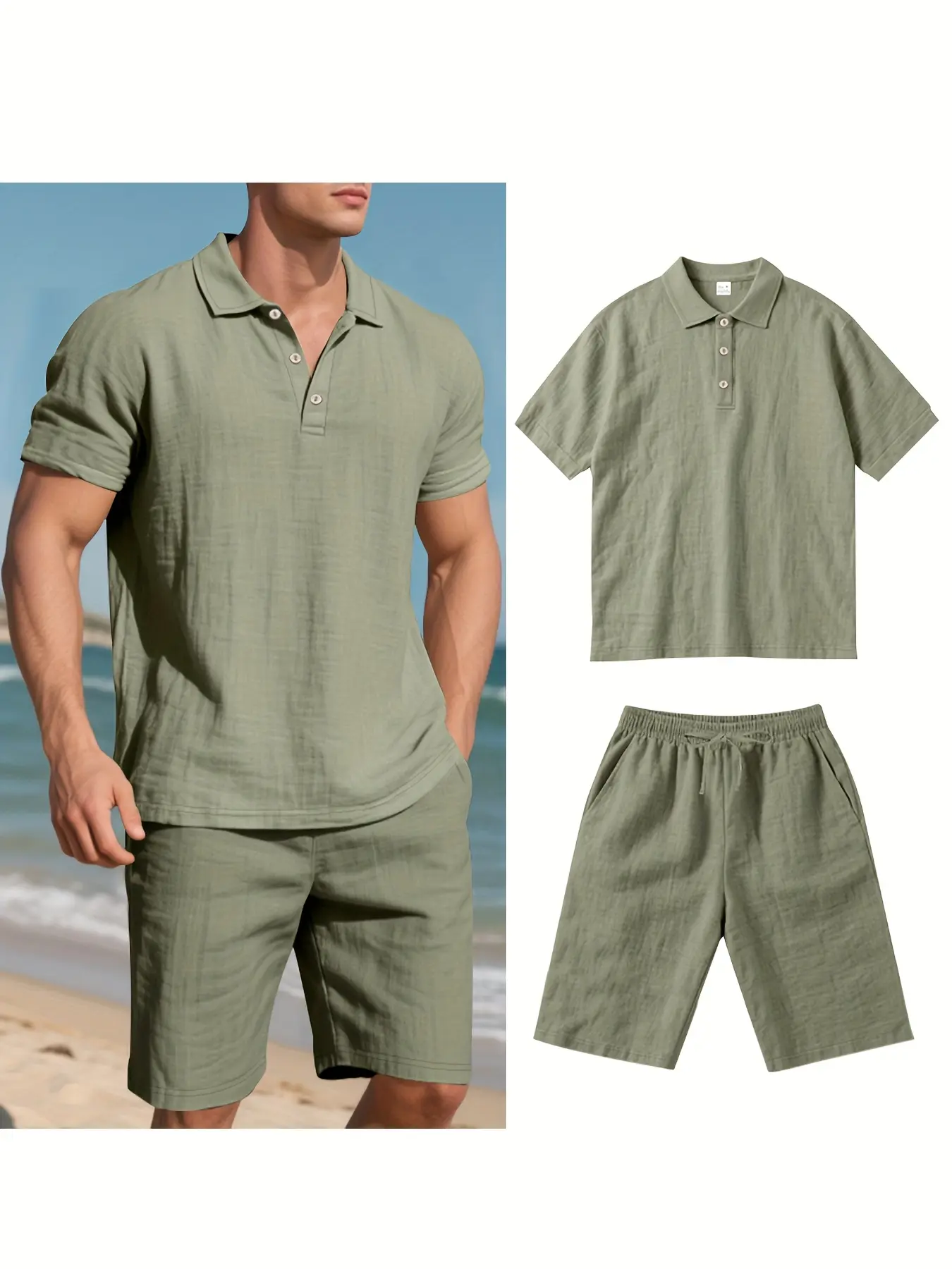 Cool Summer Men's Linen Shirt & Shorts Set Comfortable Casual Outing Simple Beach Vacation Style Solid Color Linen