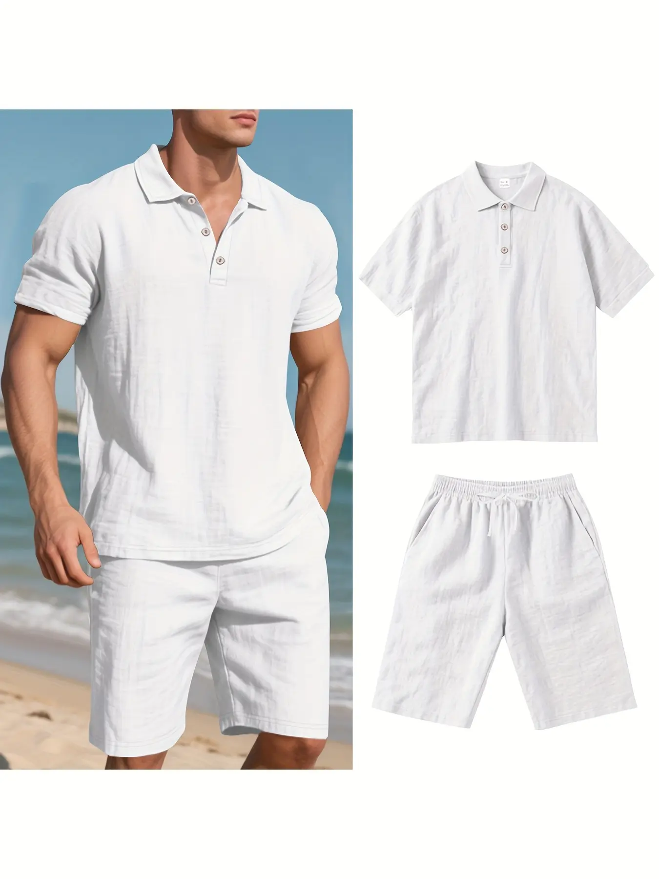 Cool Summer Men's Linen Shirt & Shorts Set Comfortable Casual Outing Simple Beach Vacation Style Solid Color Linen