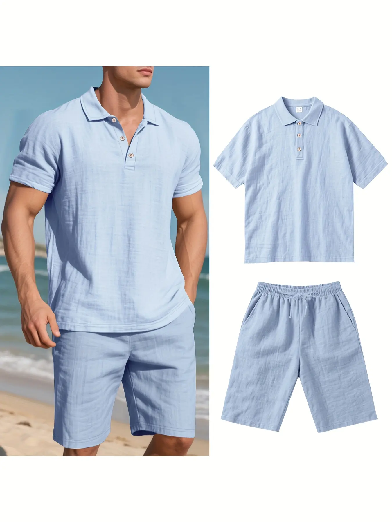 Cool Summer Men's Linen Shirt & Shorts Set Comfortable Casual Outing Simple Beach Vacation Style Solid Color Linen