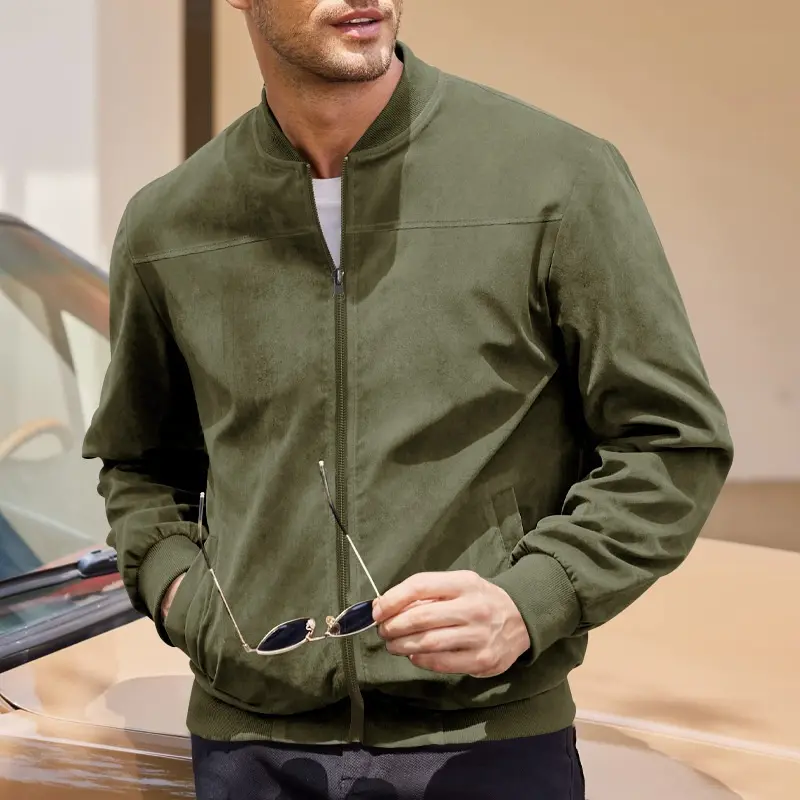 Spring and Autumn Men's Suede Solid Color Zipper Jacket Warrior Classic Racing Casual Retro Long Sleeved Coats