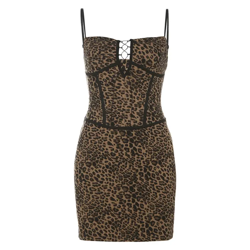 European and American Fashion New Women's Leopard Print Sexy Spicy Girl One Shoulder Hollowed Out Slim Fit Hip Hugging Dress