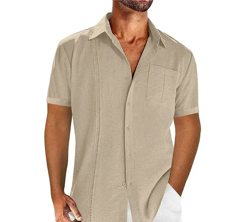 Summer Men's Cotton and Linen Shirt Short Sleeved Solid Color Simple Business Casual Top Breathable Sweat Absorbing Lace Collar
