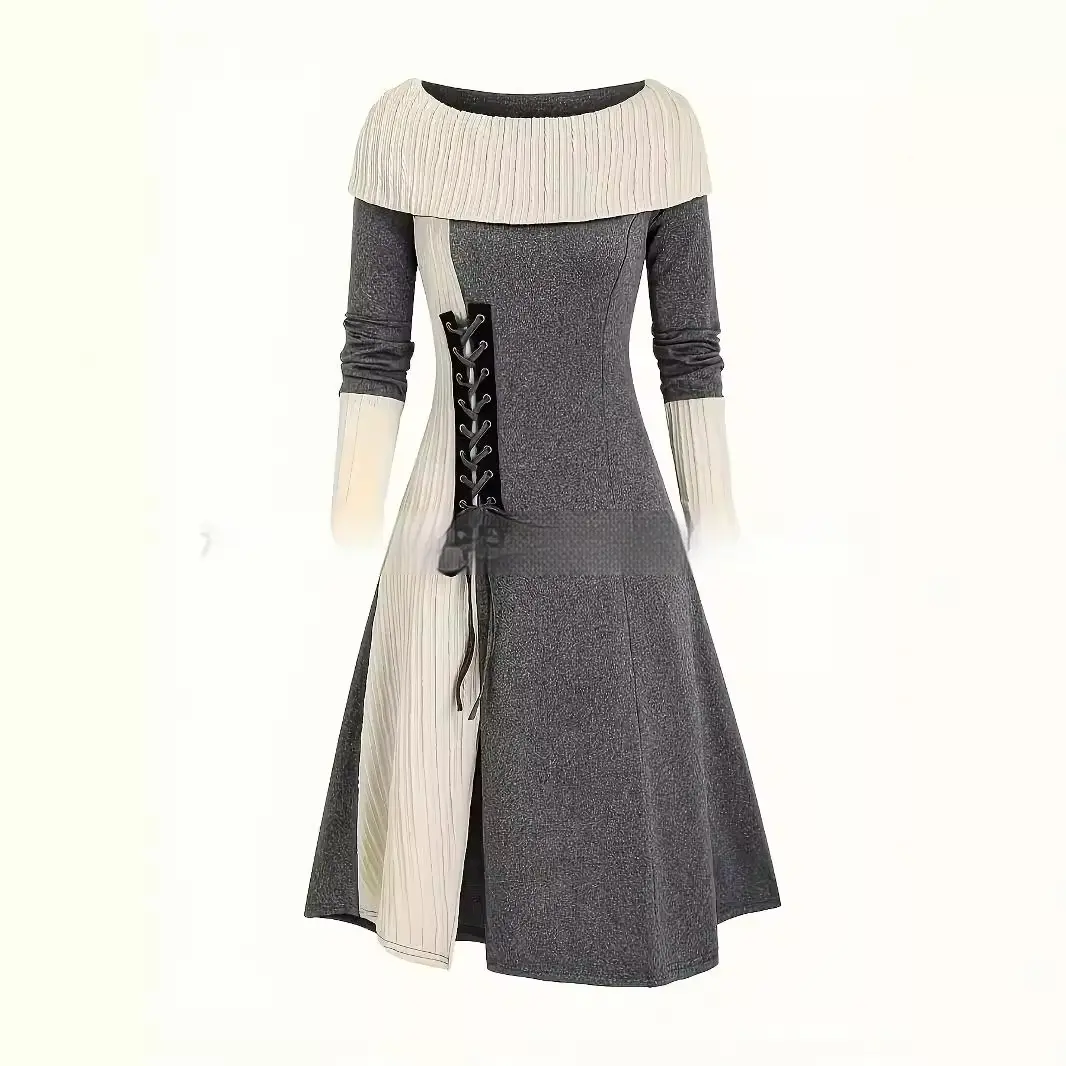 Spring and Autumn Women's New Color Blocking Splicing Outdoor Universal Unique Design with Elastic Waist Cinching Dress
