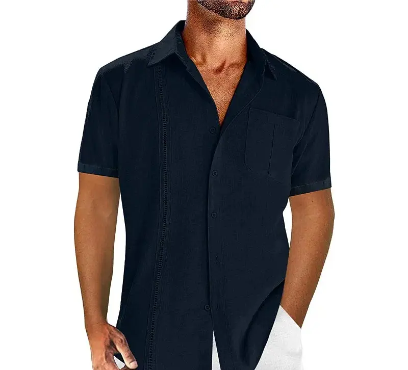 Summer Men's Cotton and Linen Shirt Short Sleeved Solid Color Simple Business Casual Top Breathable Sweat Absorbing Lace Collar