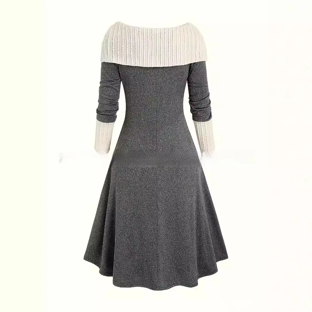 Spring and Autumn Women's New Color Blocking Splicing Outdoor Universal Unique Design with Elastic Waist Cinching Dress