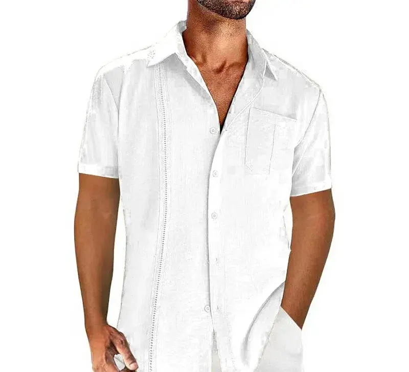Summer Men's Cotton and Linen Shirt Short Sleeved Solid Color Simple Business Casual Top Breathable Sweat Absorbing Lace Collar
