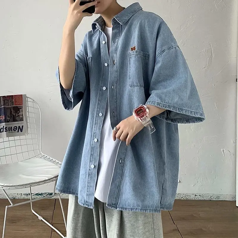 Summer New Men's Short Sleeved Denim Shirt Ins Trendy Brand Niche Design Sense Casual Half Sleeved Top Versatile Street Trend