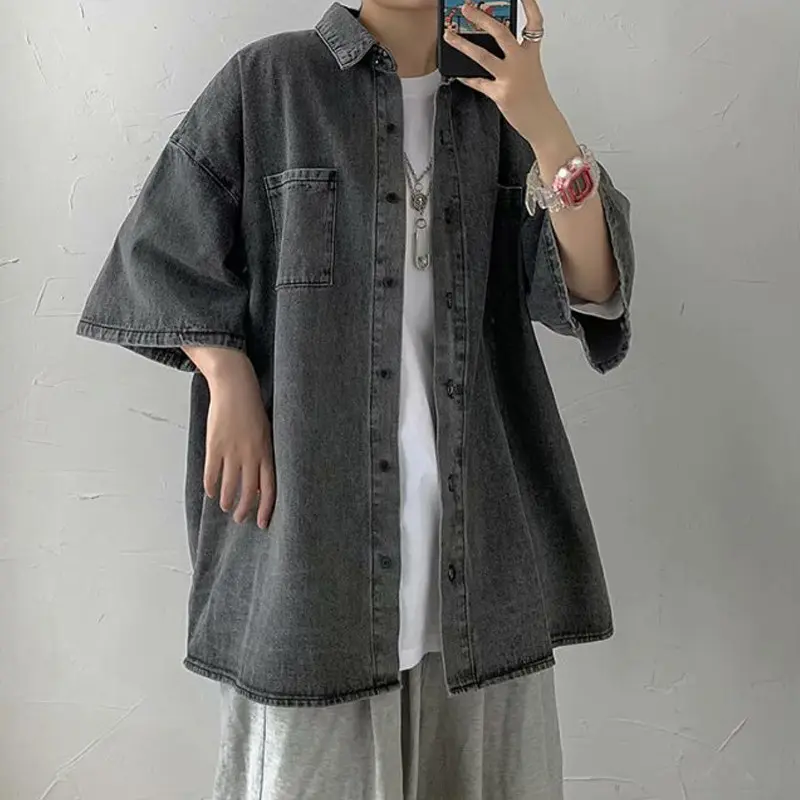 Summer New Men's Short Sleeved Denim Shirt Ins Trendy Brand Niche Design Sense Casual Half Sleeved Top Versatile Street Trend