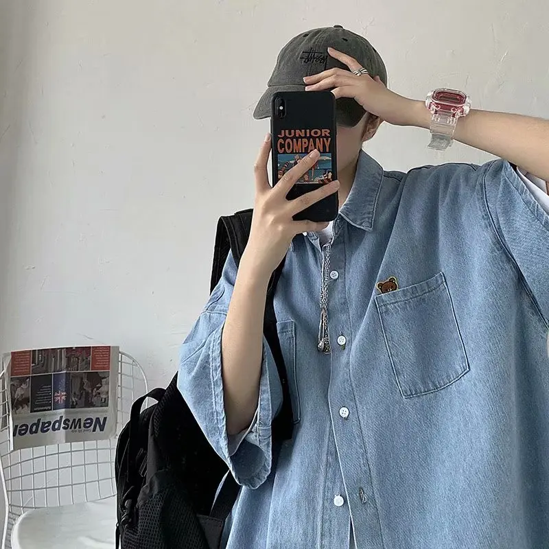Summer New Men's Short Sleeved Denim Shirt Ins Trendy Brand Niche Design Sense Casual Half Sleeved Top Versatile Street Trend
