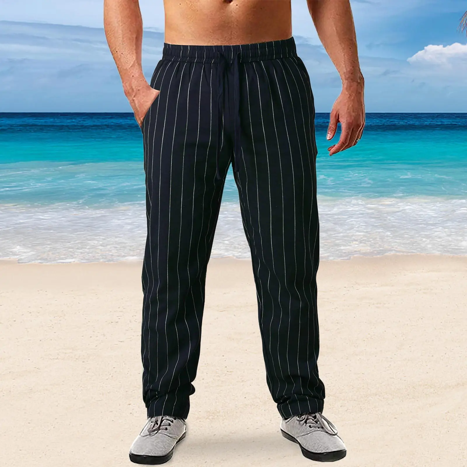 New Men's Cotton and Linen Beach Pants Summer Thin Casual Pants Vertical Striped Breathable Vacation Pants