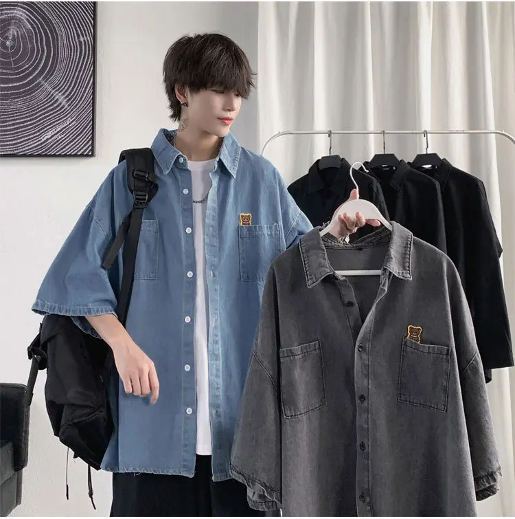 Summer New Men's Short Sleeved Denim Shirt Ins Trendy Brand Niche Design Sense Casual Half Sleeved Top Versatile Street Trend