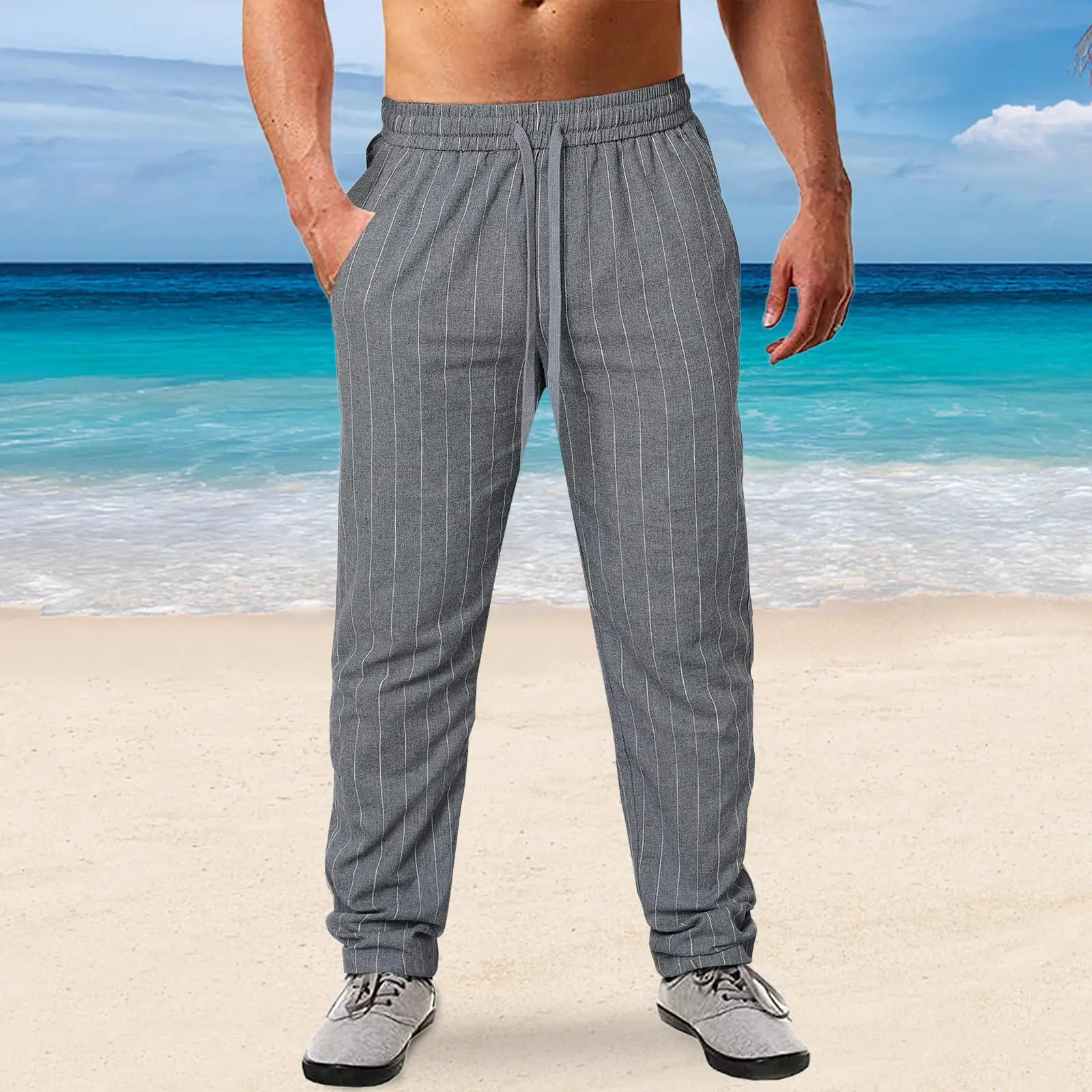 New Men's Cotton and Linen Beach Pants Summer Thin Casual Pants Vertical Striped Breathable Vacation Pants
