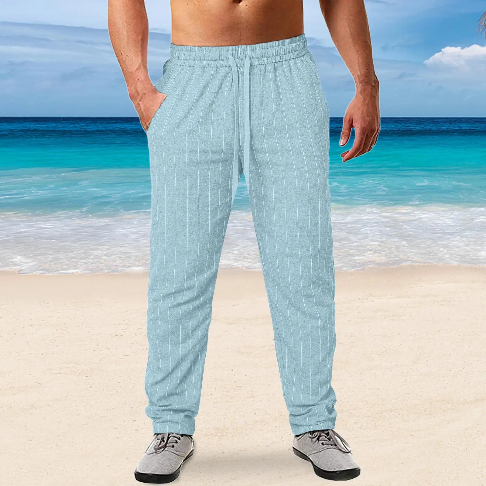 New Men's Cotton and Linen Beach Pants Summer Thin Casual Pants Vertical Striped Breathable Vacation Pants