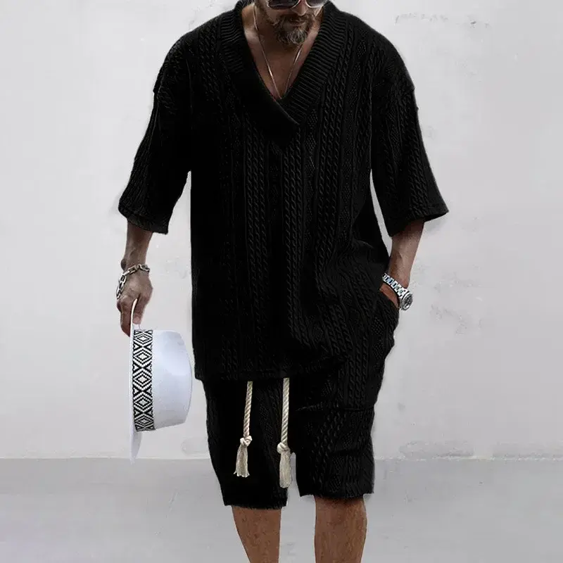 Summer New Men's Sports Suit Men's V-neck Top Loose Two-piece Set Men's Casual Trend Street Retro Suit