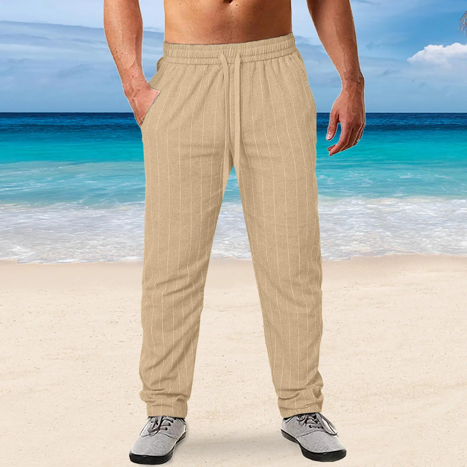 New Men's Cotton and Linen Beach Pants Summer Thin Casual Pants Vertical Striped Breathable Vacation Pants