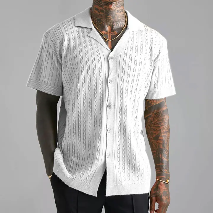 European and American Men's Summer Breathable Knitted Short Sleeved Shirt Business Casual Button Down Shirt Quick Drying Thin