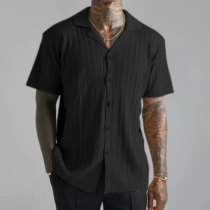 European and American Men's Summer Breathable Knitted Short Sleeved Shirt Business Casual Button Down Shirt Quick Drying Thin