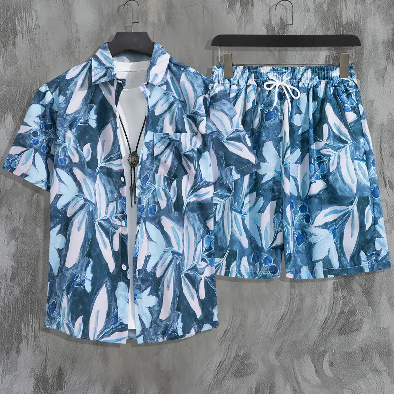Men's Quick Drying Breathable Comfortable Hawaiian Suit Casual Flower Shirt Beach Shorts Two-piece Set Couple Vacation Style