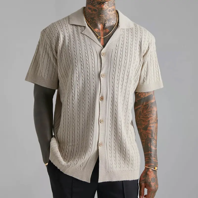 European and American Men's Summer Breathable Knitted Short Sleeved Shirt Business Casual Button Down Shirt Quick Drying Thin