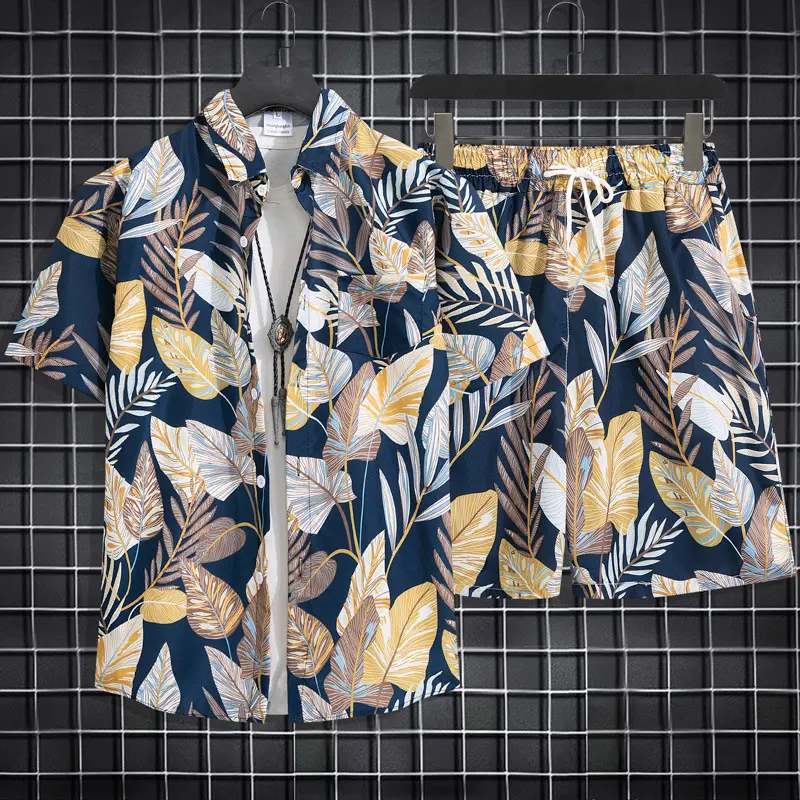 Men's Quick Drying Breathable Comfortable Hawaiian Suit Casual Flower Shirt Beach Shorts Two-piece Set Couple Vacation Style