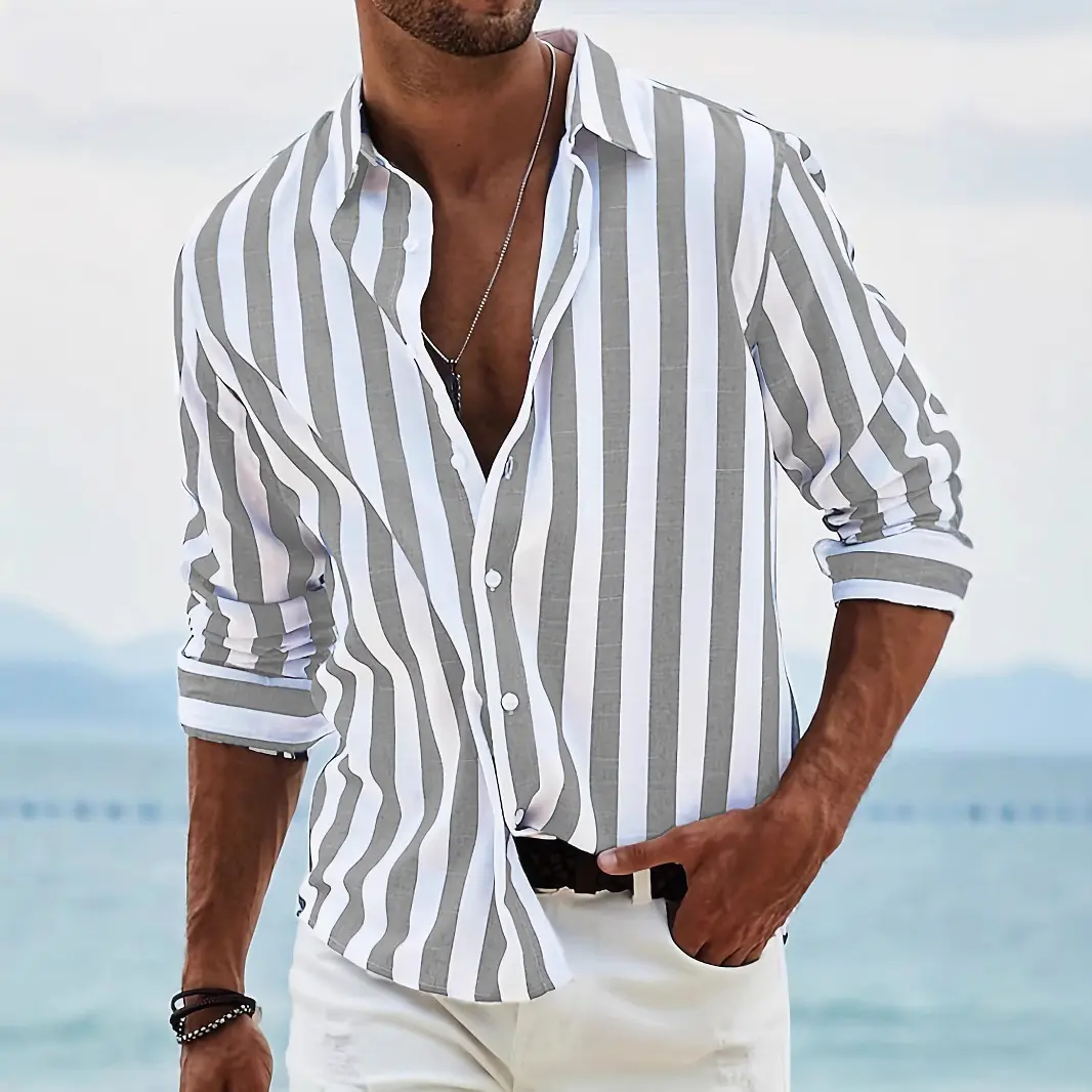 European  American Men's New Breathable Business Striped Slim Fit Lapel Shirt Casual and Fashionable Long Sleeved Shirt