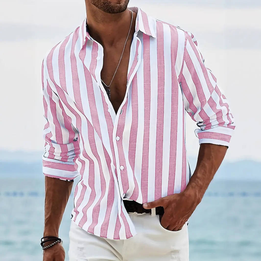 European  American Men's New Breathable Business Striped Slim Fit Lapel Shirt Casual and Fashionable Long Sleeved Shirt