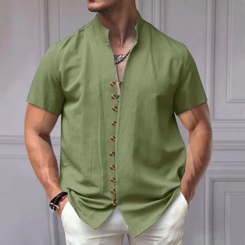 Summer Retro Linen Shirt Men's Casual Short Sleeved Button Up Shirt Breathable Stand Up Collar T-shirt 2025 New Shirt