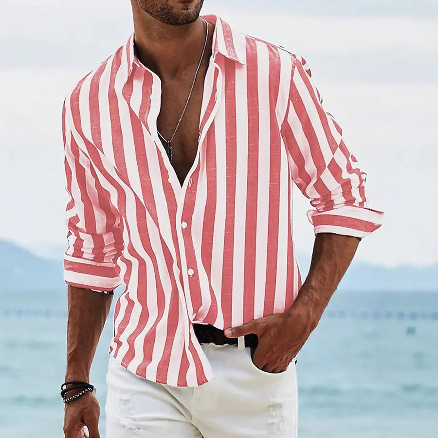 European  American Men's New Breathable Business Striped Slim Fit Lapel Shirt Casual and Fashionable Long Sleeved Shirt