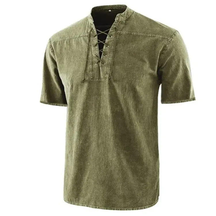 European and American Popular Men's Solid Color Retro Lace Up Stand Up Collar Short Sleeved Shirt Casual Trend Men's Shirt