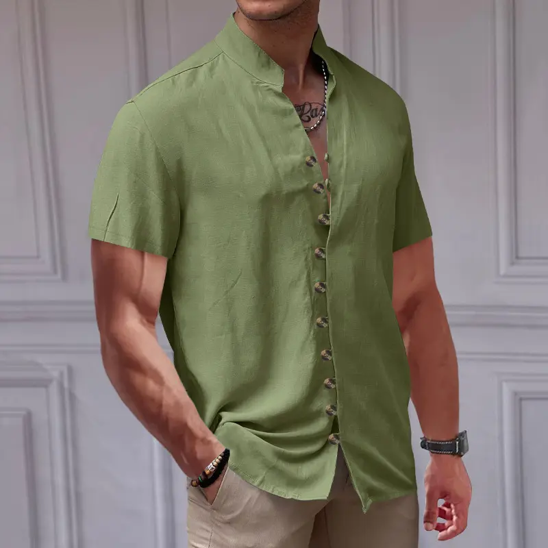 Summer Retro Linen Shirt Men's Casual Short Sleeved Button Up Shirt Breathable Stand Up Collar T-shirt 2025 New Shirt