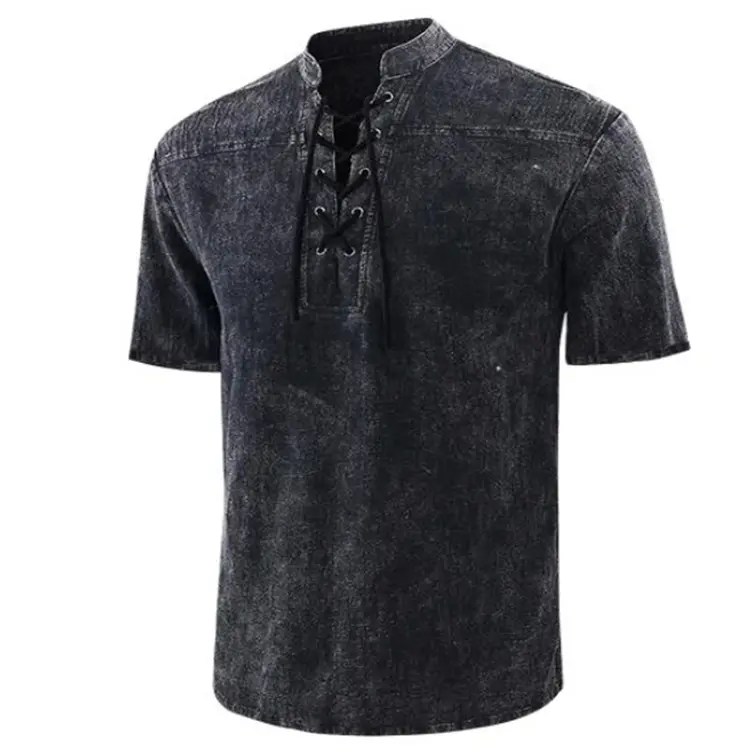 European and American Popular Men's Solid Color Retro Lace Up Stand Up Collar Short Sleeved Shirt Casual Trend Men's Shirt