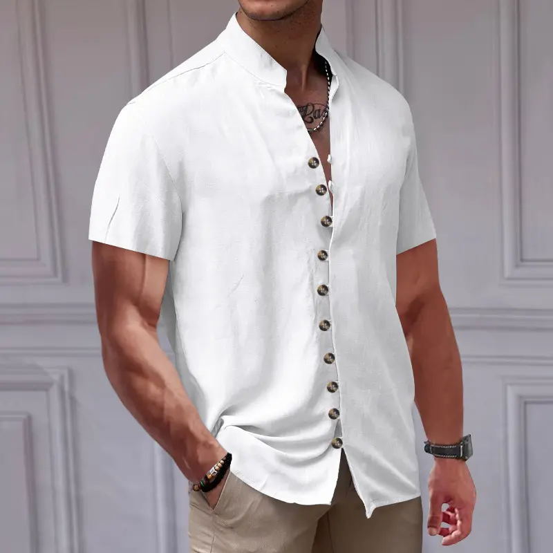 Summer Retro Linen Shirt Men's Casual Short Sleeved Button Up Shirt Breathable Stand Up Collar T-shirt 2025 New Shirt
