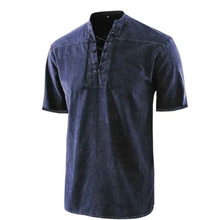 European and American Popular Men's Solid Color Retro Lace Up Stand Up Collar Short Sleeved Shirt Casual Trend Men's Shirt