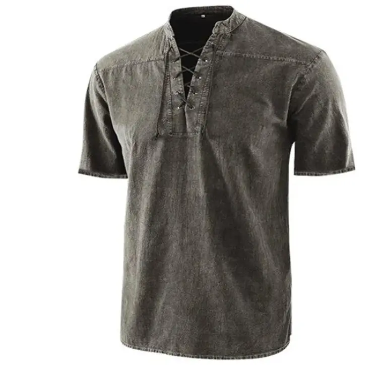 European and American Popular Men's Solid Color Retro Lace Up Stand Up Collar Short Sleeved Shirt Casual Trend Men's Shirt