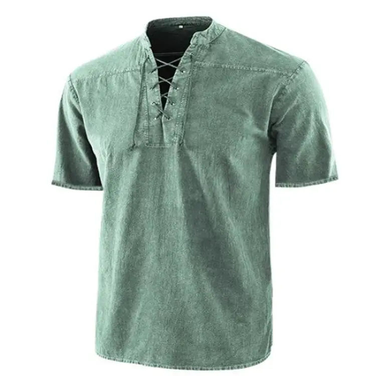 European and American Popular Men's Solid Color Retro Lace Up Stand Up Collar Short Sleeved Shirt Casual Trend Men's Shirt