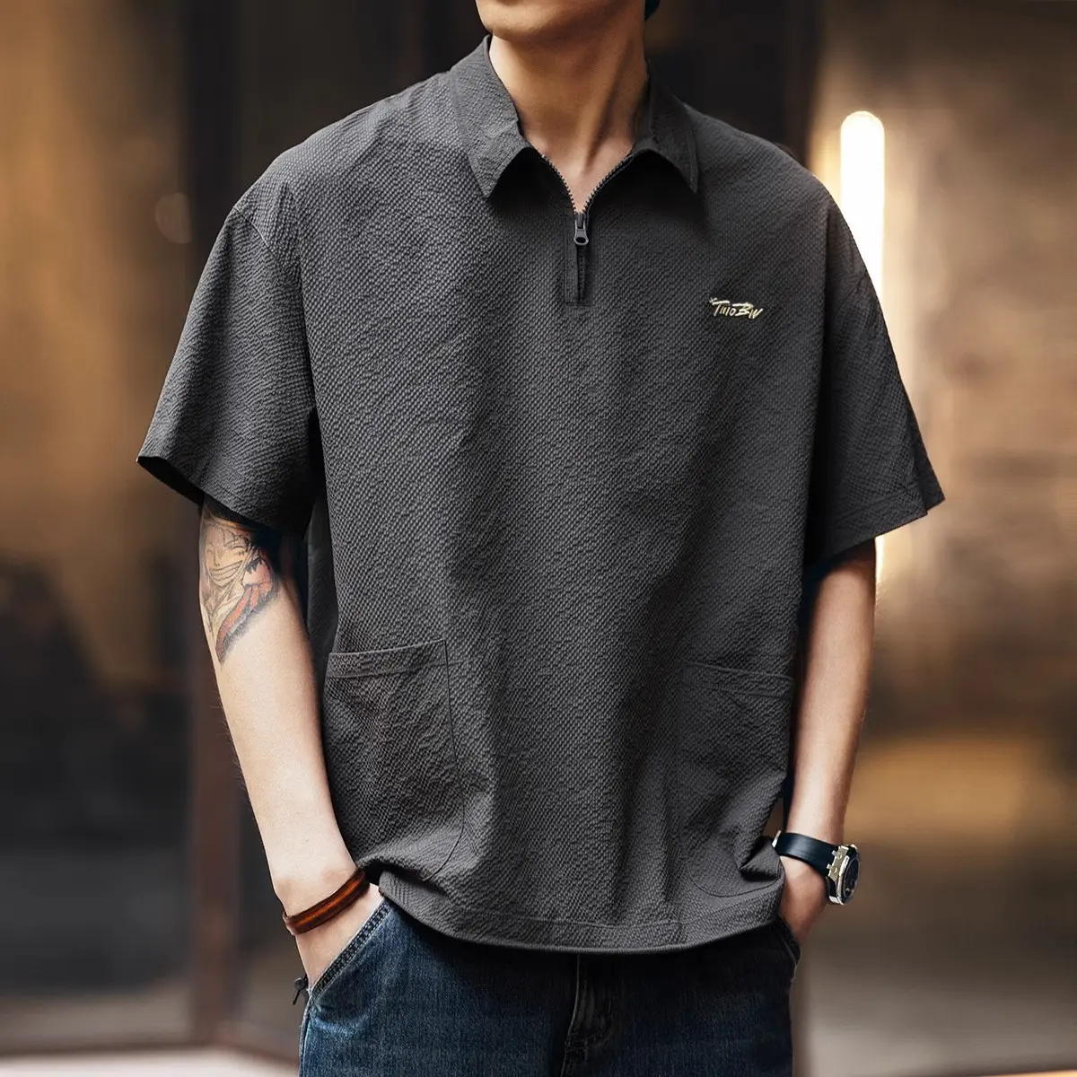 2025 new ice silk men's breathable casual business sports top summer quick drying short sleeved workwear half zip shirt