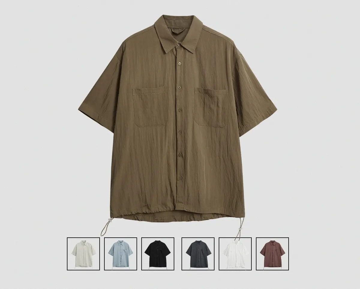 2025 New Men's  Casual Shirt Summer Loose Fit Pure Color Short Sleeve T-Shirt with Drawstring Design Breathable Cotton Top