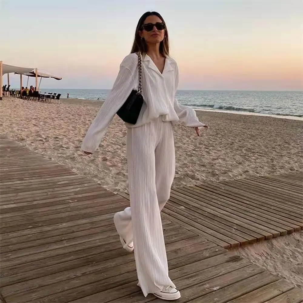 Hot Selling Items in Spring and Summer European and American Solid Color Texture Loose and Slimming Pleated Casual Women's Suit