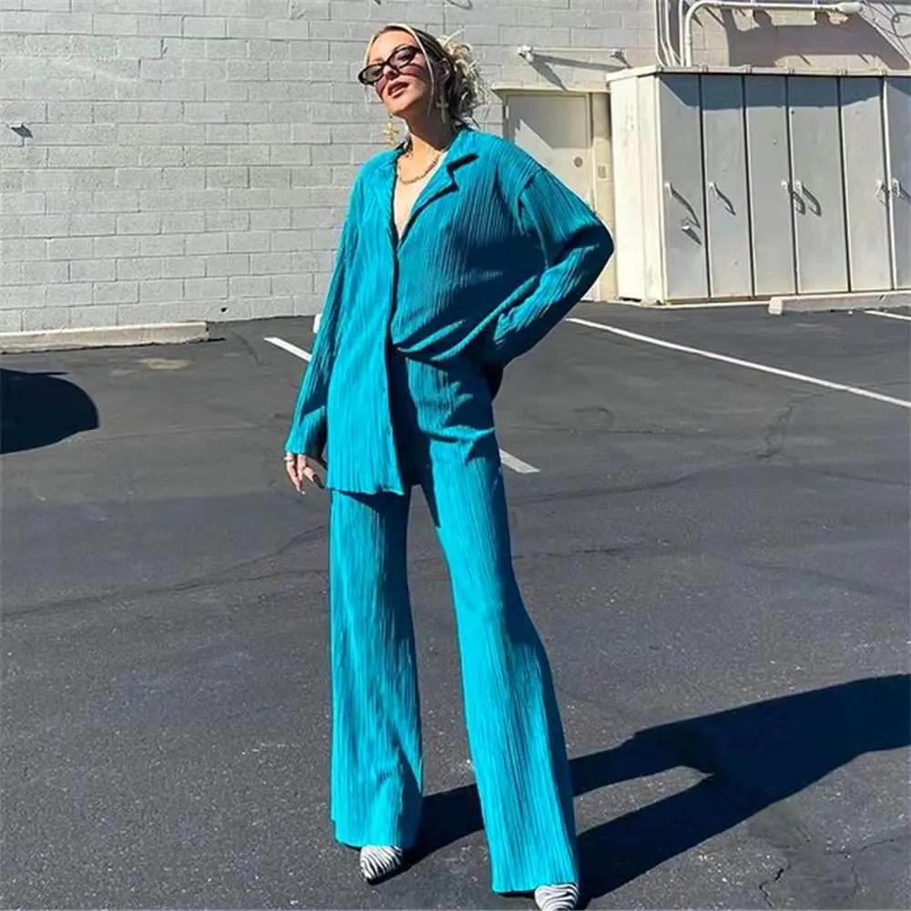 Hot Selling Items in Spring and Summer European and American Solid Color Texture Loose and Slimming Pleated Casual Women's Suit
