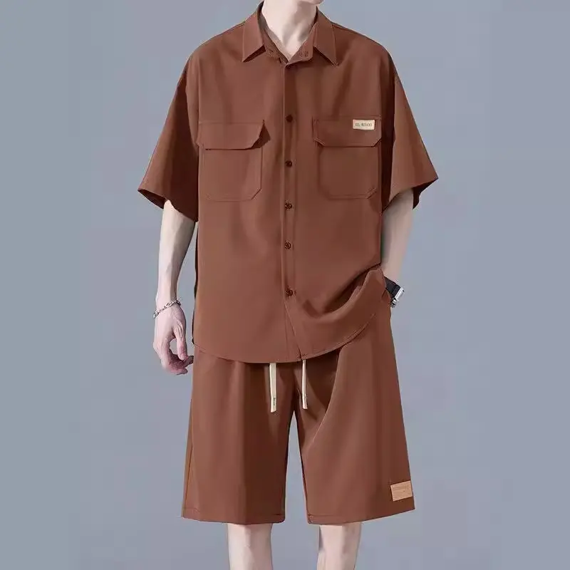 Summer Men's Ice Silk Shirt Shorts Set Loose Fit Casual Streetwear Breathable Two-Piece Trendy Hip Hop Fashion