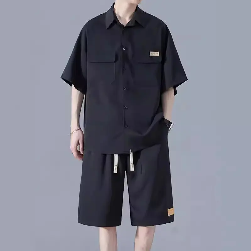 Summer Men's Ice Silk Shirt Shorts Set Loose Fit Casual Streetwear Breathable Two-Piece Trendy Hip Hop Fashion