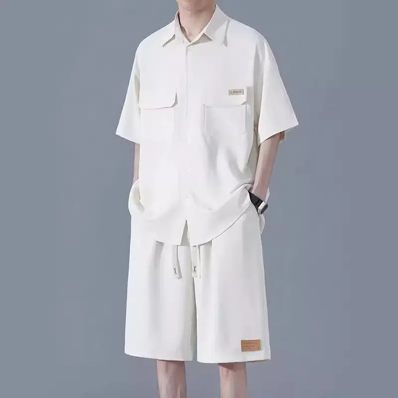 Summer Men's Ice Silk Shirt Shorts Set Loose Fit Casual Streetwear Breathable Two-Piece Trendy Hip Hop Fashion