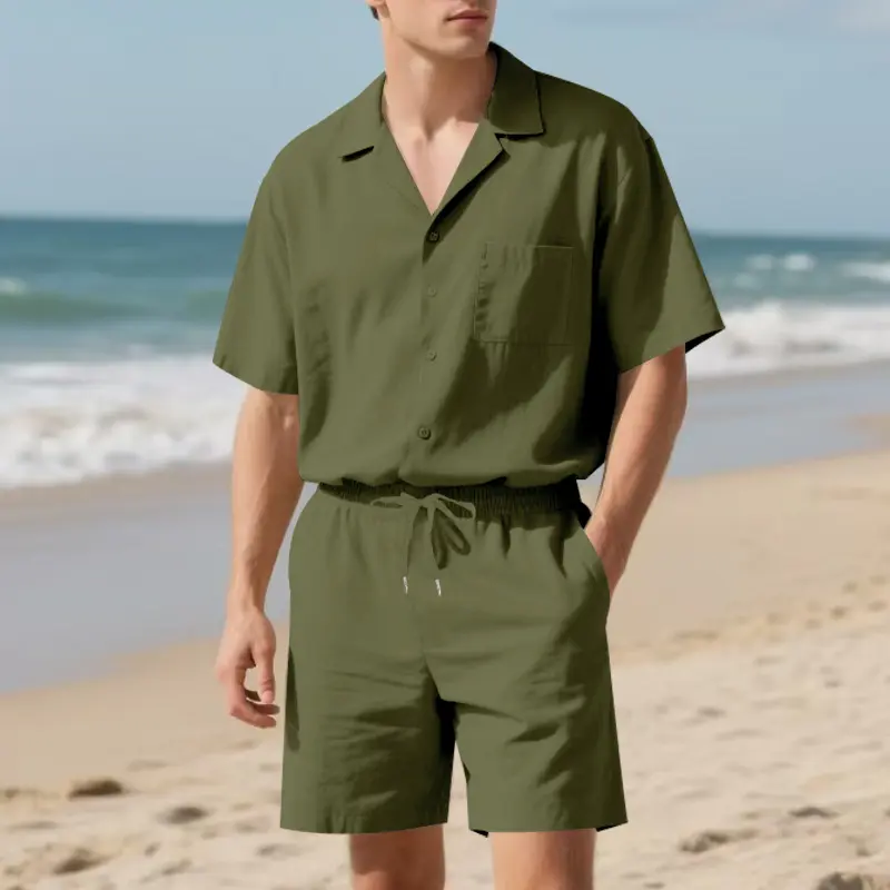 Men's Summer Casual Short Sleeve Shirt & Shorts Set Lightweight Beach Vacation Outfit Quick Dry Surfing Holiday