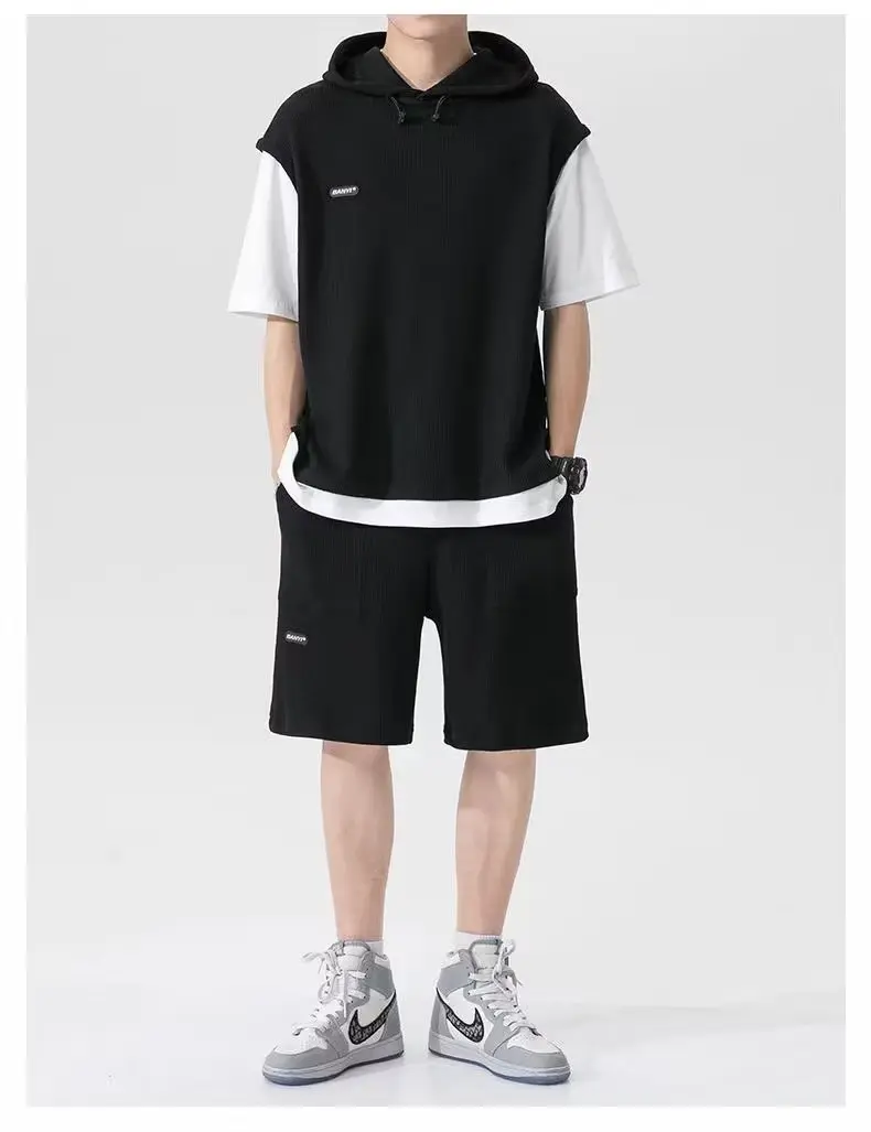 New Men's Fake Two Piece Waffle Sport Set Summer Quick Drying Hooded T-shirt+Shorts Two Piece Set Trendy Casual Fitness Clothing