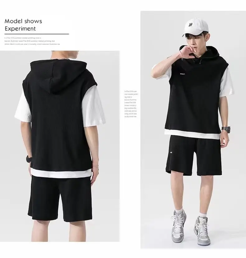 New Men's Fake Two Piece Waffle Sport Set Summer Quick Drying Hooded T-shirt+Shorts Two Piece Set Trendy Casual Fitness Clothing