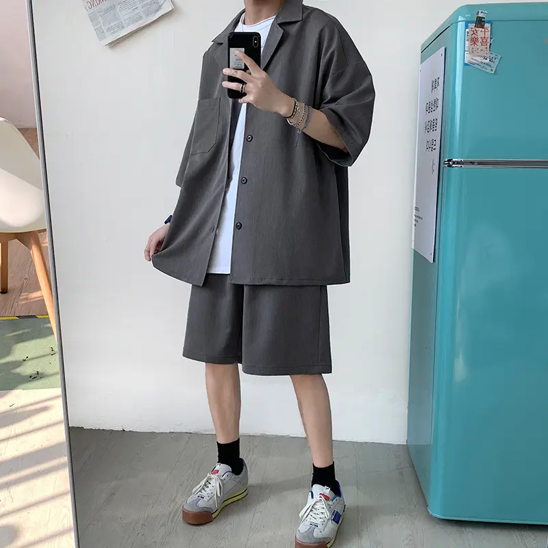 DK Uniform Men's Suit Summer Loose College Style Blazer Set Trendy 7 Sleeves Slim Fit Jacket Pants