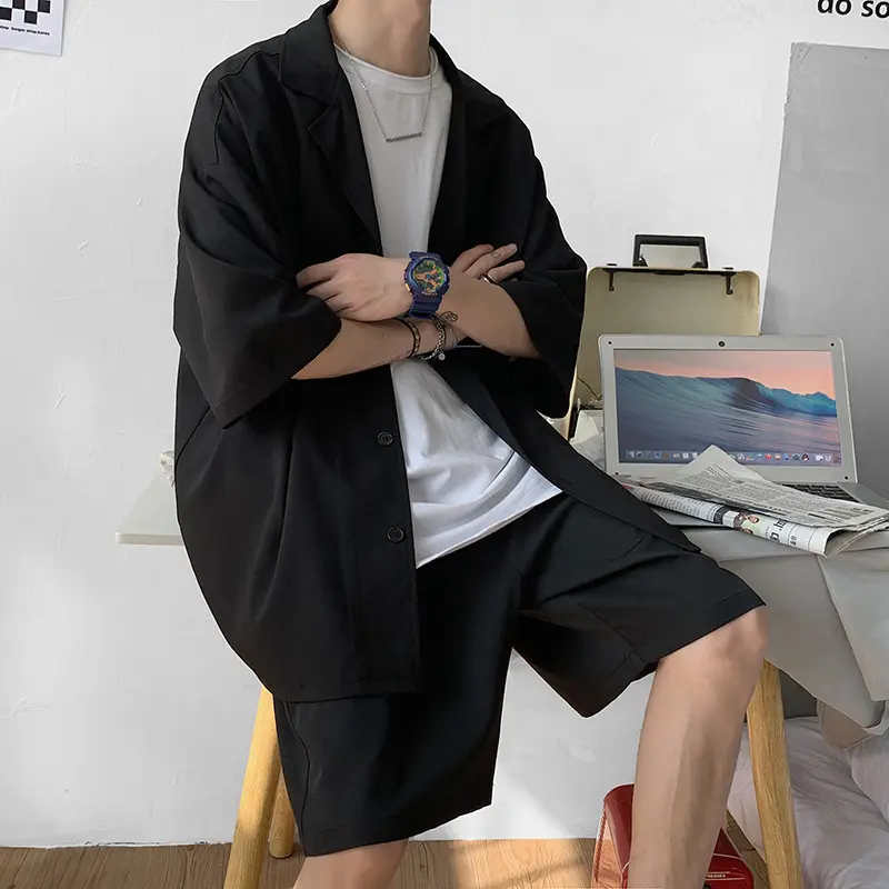 DK Uniform Men's Suit Summer Loose College Style Blazer Set Trendy 7 Sleeves Slim Fit Jacket Pants