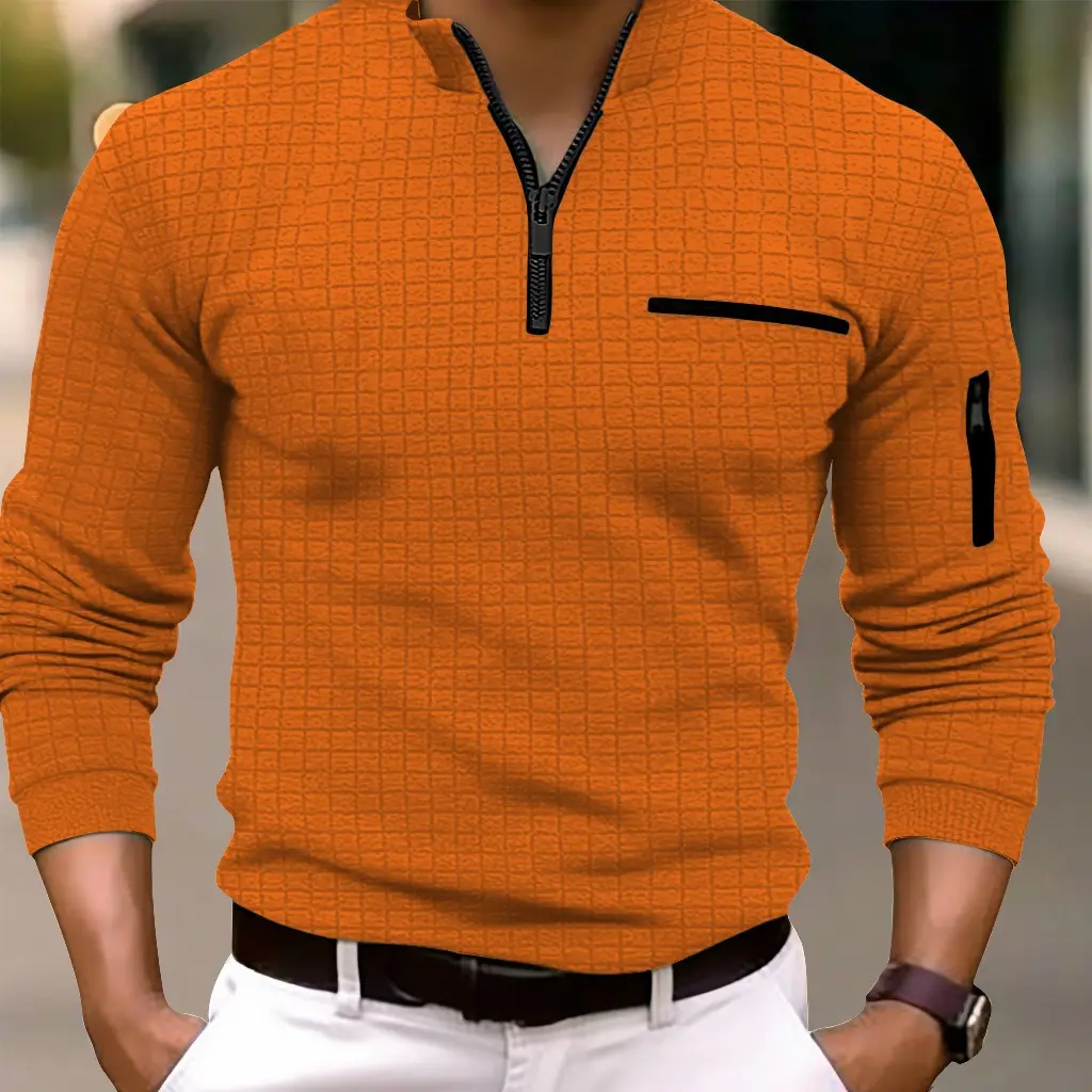 Men's Waffle Four Season Popular Pullover Sweatshirt Men's Fashionable and Comfortable Checkerboard Polo Shirt