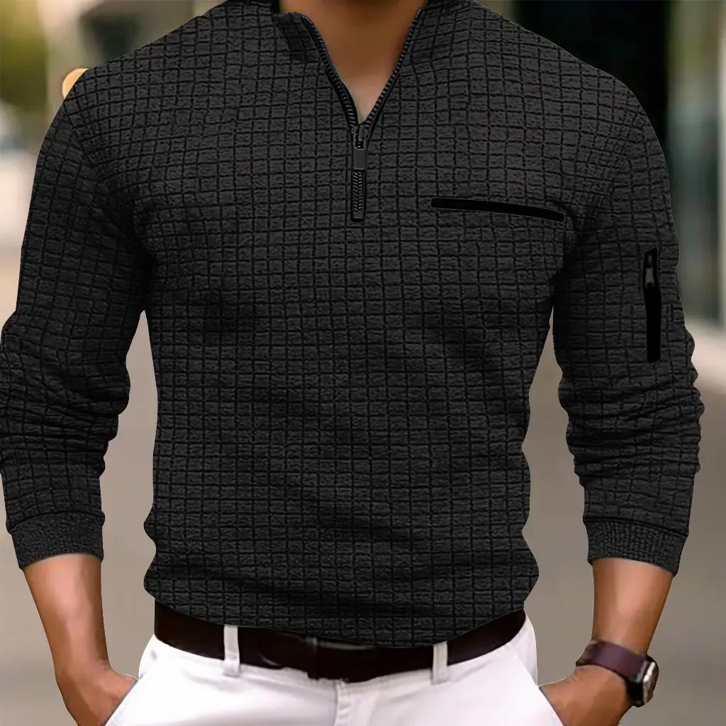 Men's Waffle Four Season Popular Pullover Sweatshirt Men's Fashionable and Comfortable Checkerboard Polo Shirt
